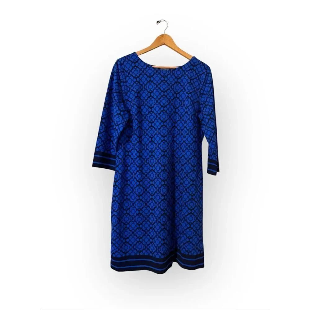 Talbots Size L Elbow Sleeve Shift Dress Cobalt Blue Geometric Print Modest Event